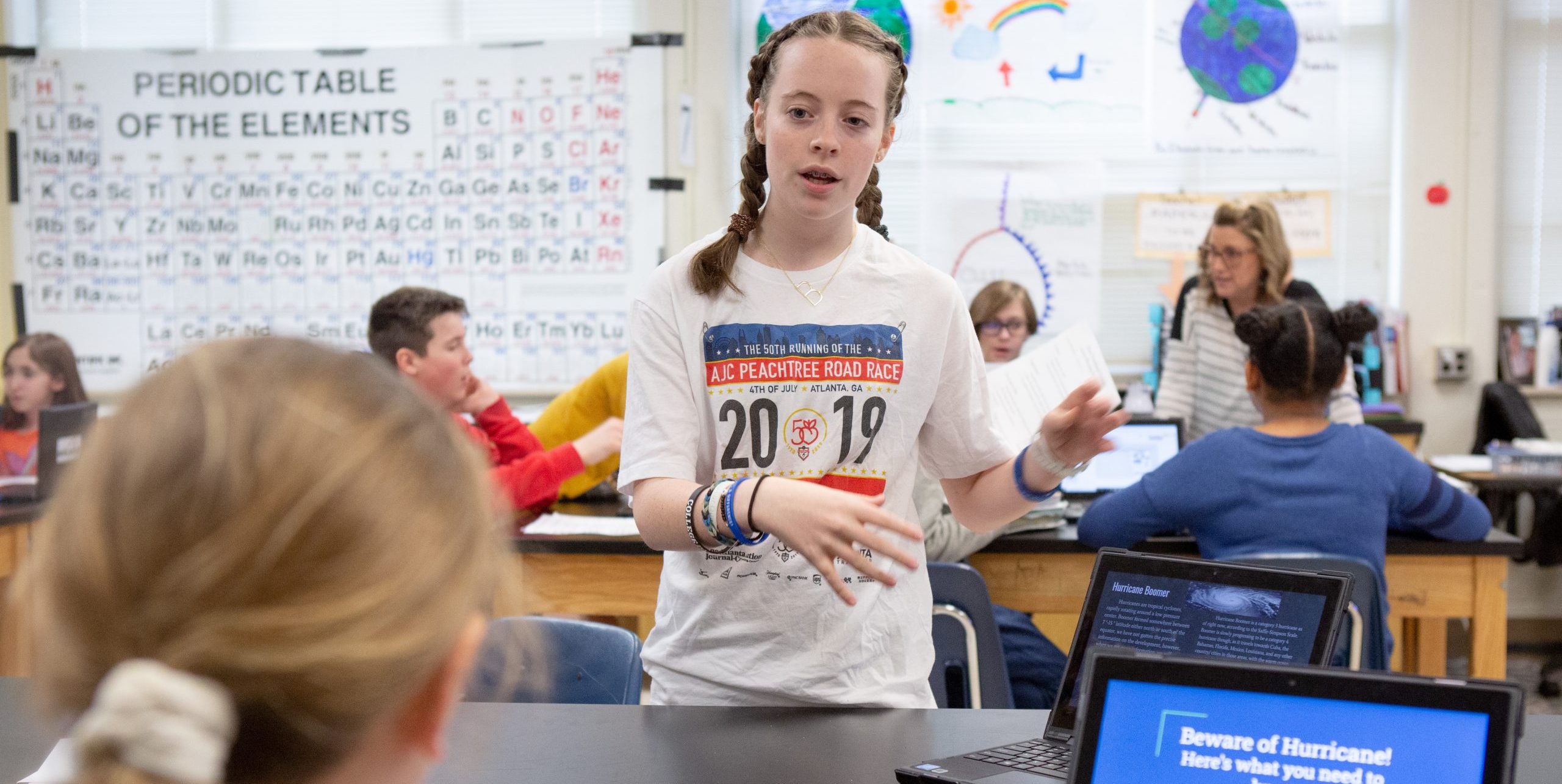 Middle school girl presents weather project A sixth-grade student shares her project about weather-related natural disasters.