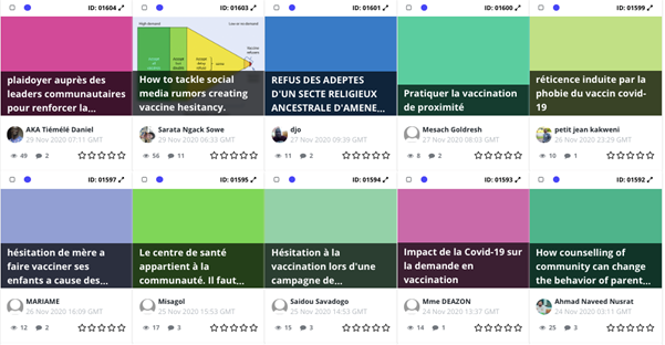 Screenshot showing ten user-generated posts displayed as two rows of colourful tiles