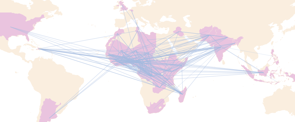 Global map with lines connecting countries where participants interacted