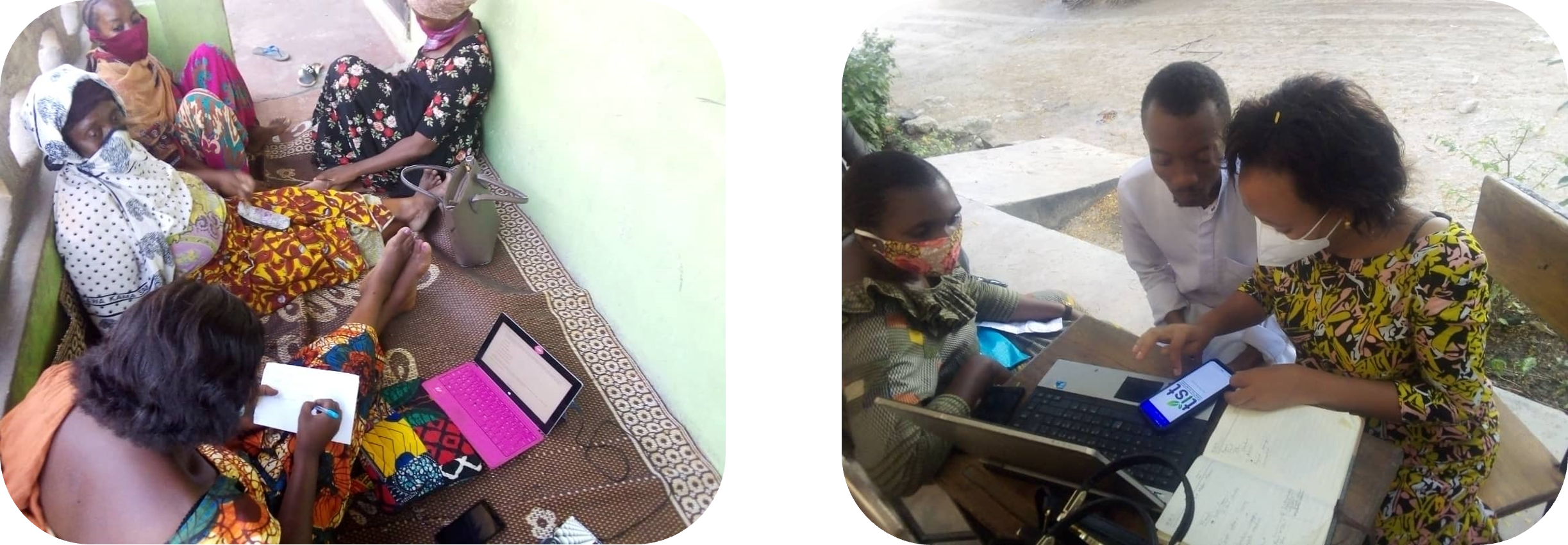 Two photos - each with three people sat around a laptop to which they are connecting their mobile devices
