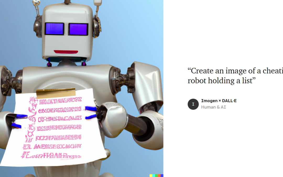 Robot holding a list with unreadable characters. The text next to the robot says "“Create an image of a cheating robot holding a list” IImogen × DALL·E Human & AI