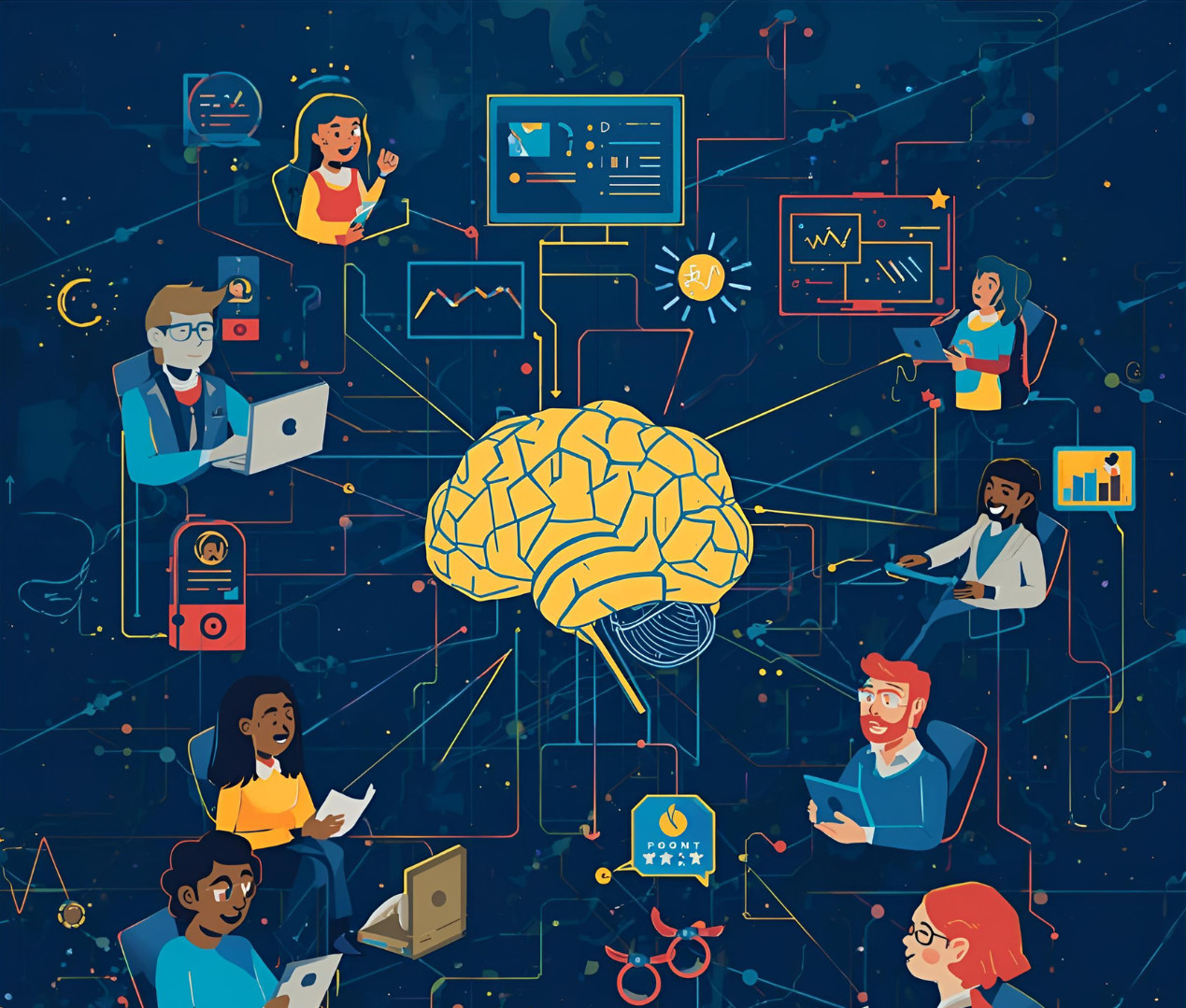 Male teacher helps two female students at computer