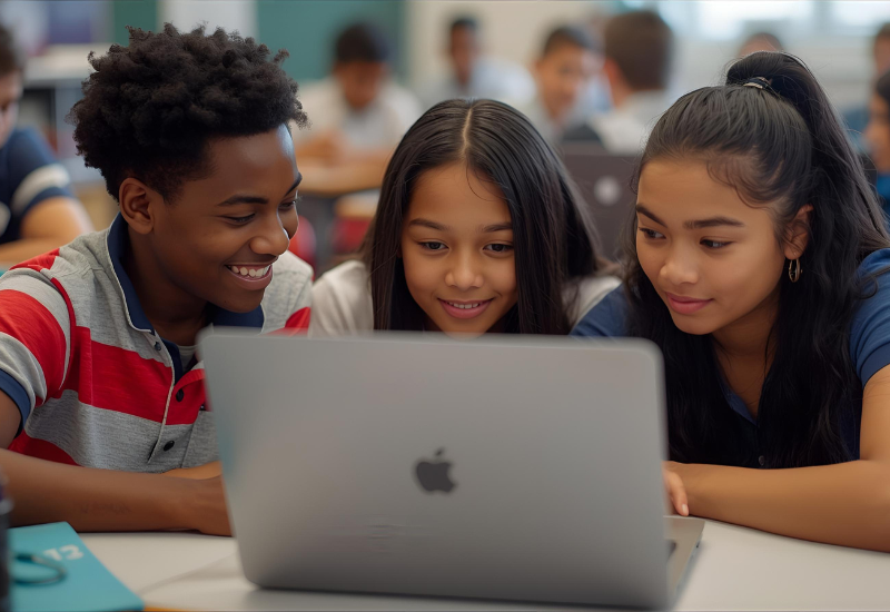 Male teacher helps two female students at computer